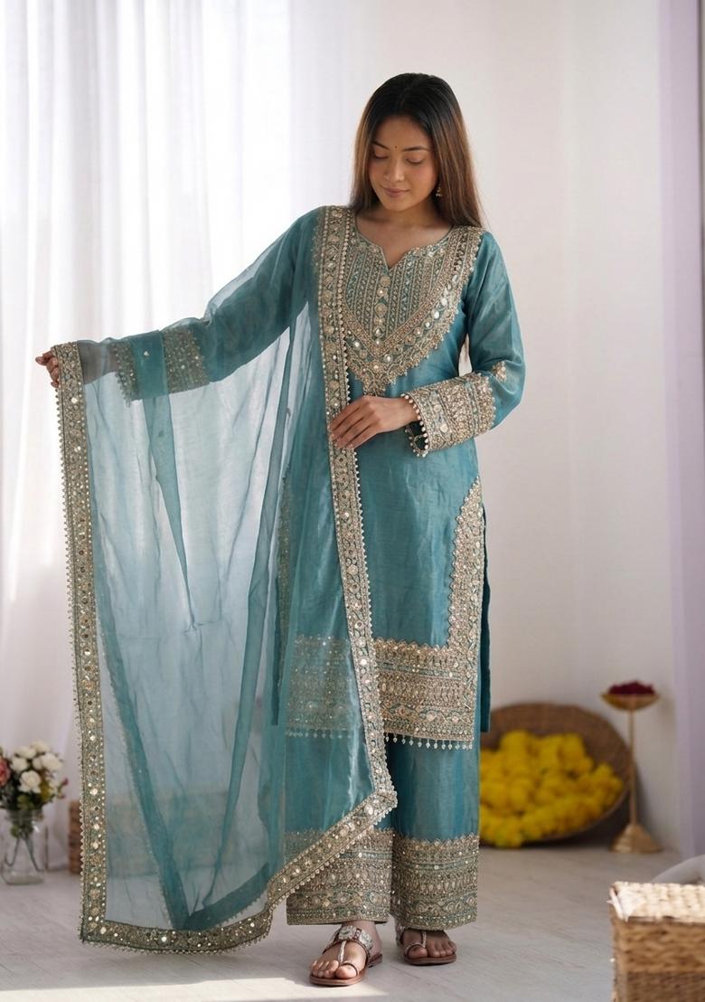 Blue Embroidery Silk Kurta Set - Indya