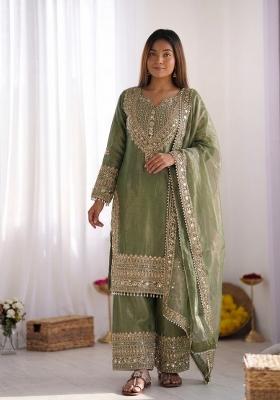 Green Embroidery Silk Kurta Set