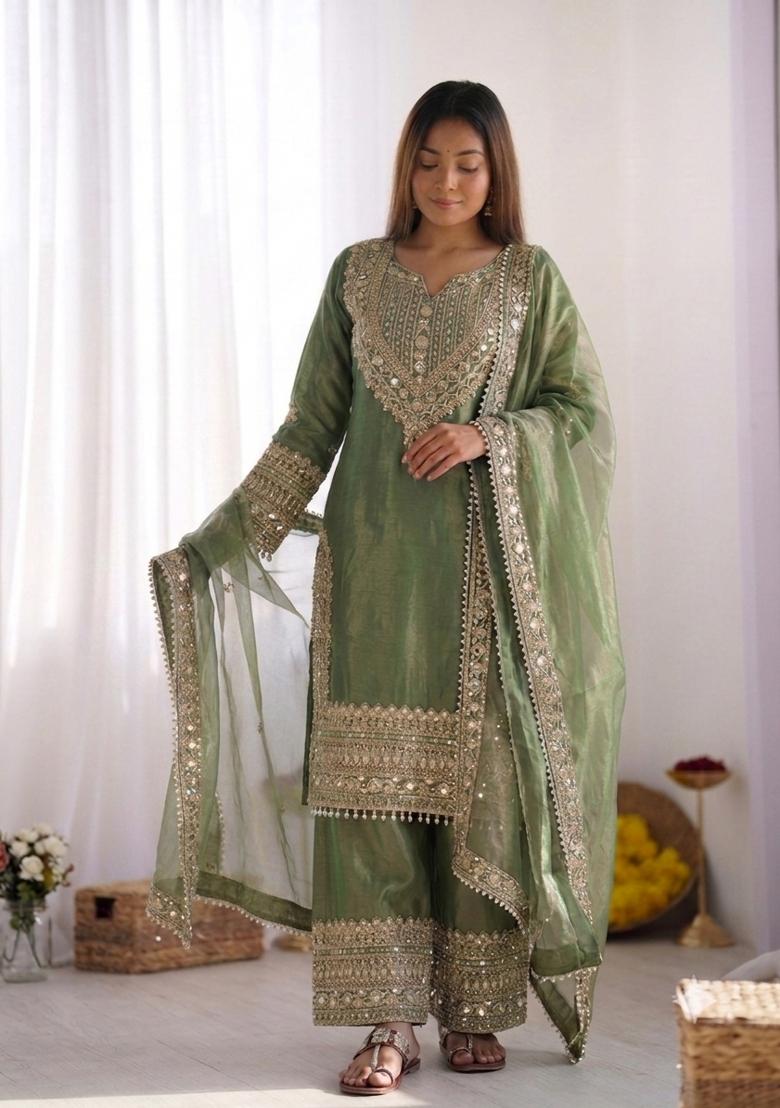 Green Embroidery Silk Kurta Set - Indya