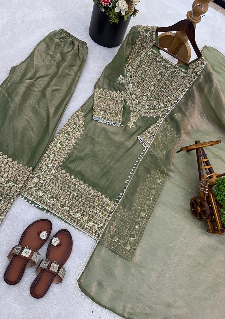 Green Embroidery Silk Kurta Set - Indya
