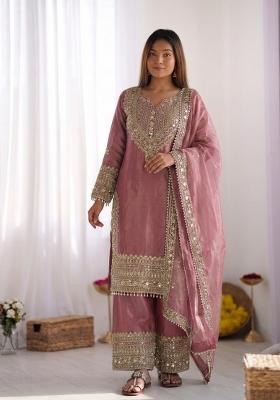 Pink Embroidery Silk Kurta Set