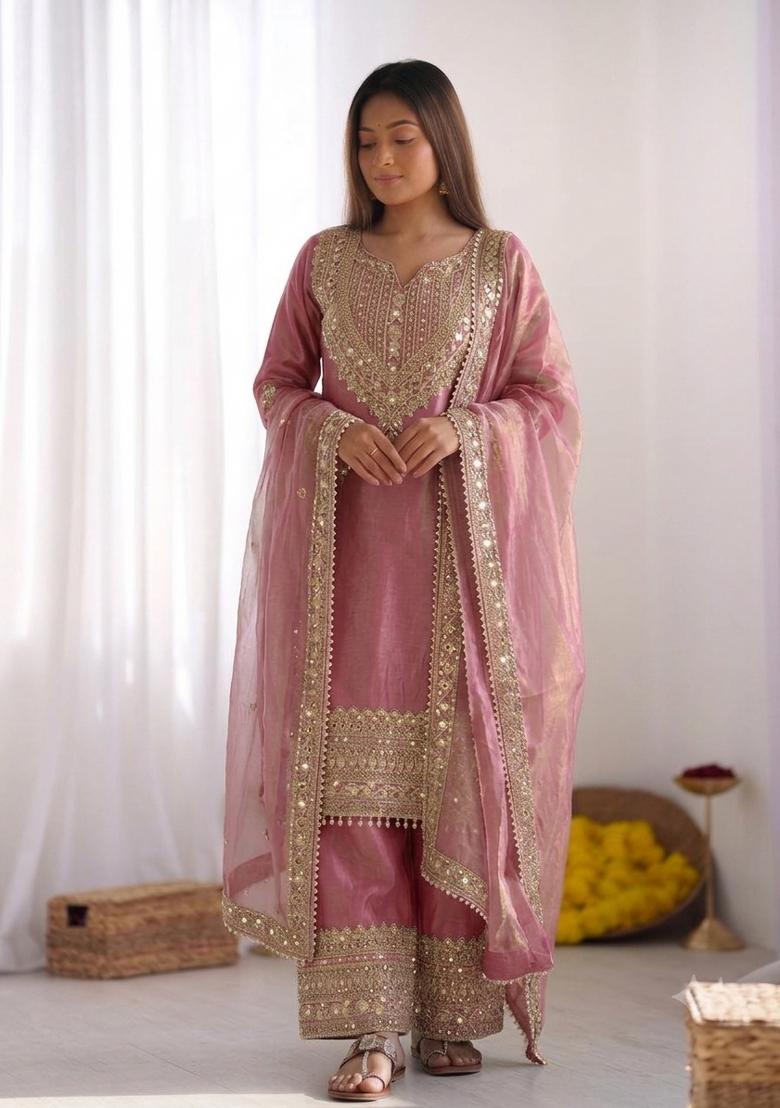 Pink Embroidery Silk Kurta Set - Indya
