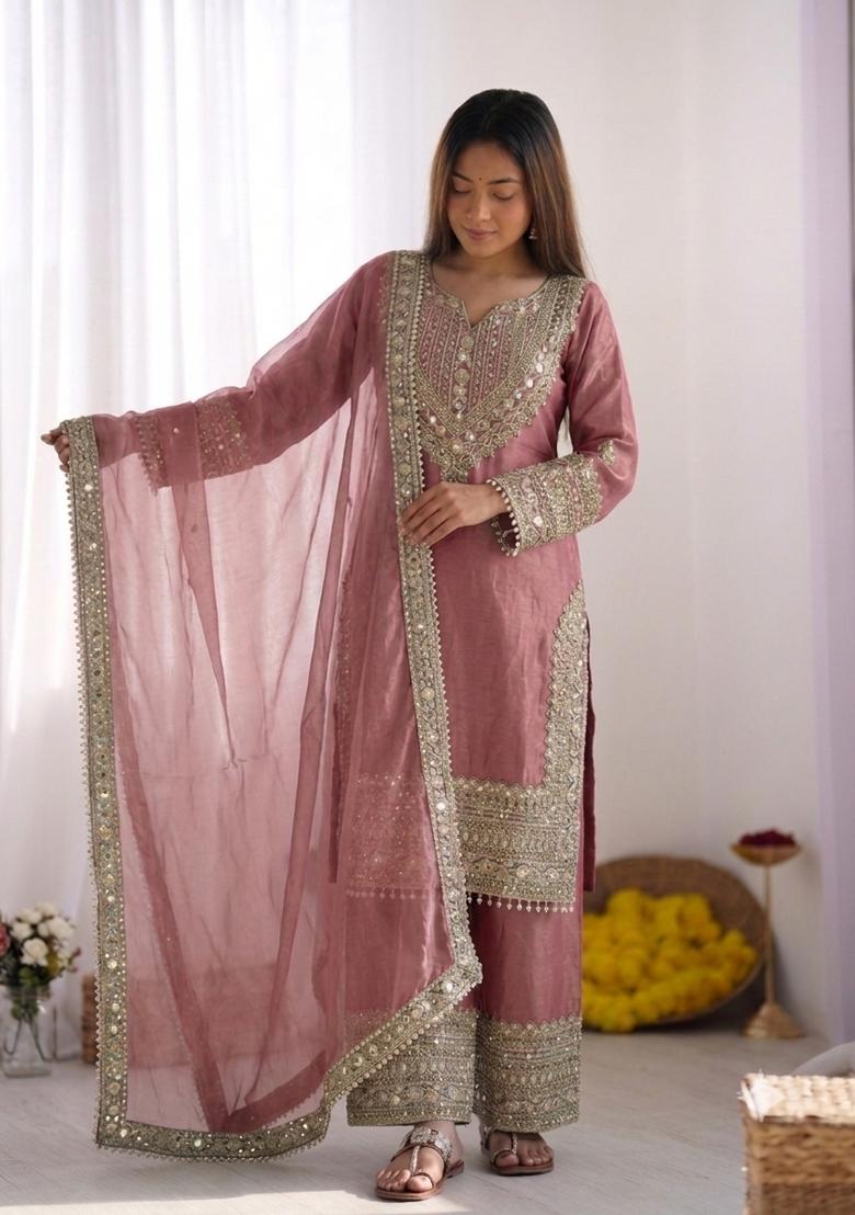 Pink Embroidery Silk Kurta Set - Indya