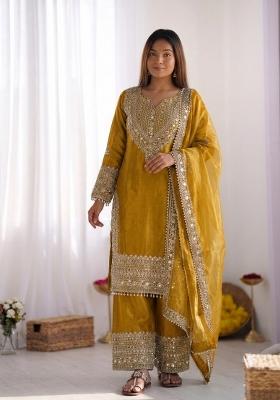 Yellow Embroidery Silk Kurta Set