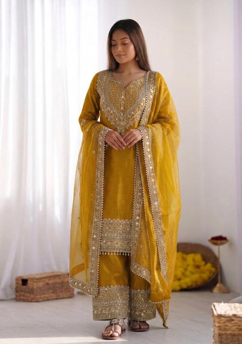 Yellow Embroidery Silk Kurta Set - Indya