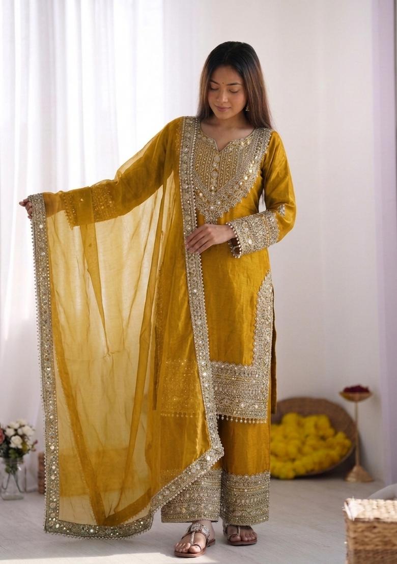 Yellow Embroidery Silk Kurta Set - Indya