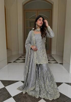 Grey Embroidery Silk Kurta Set