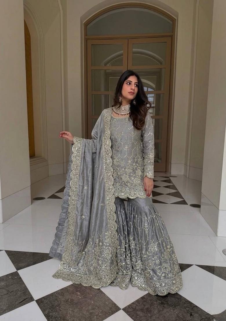 Grey Embroidery Silk Kurta Set - Indya