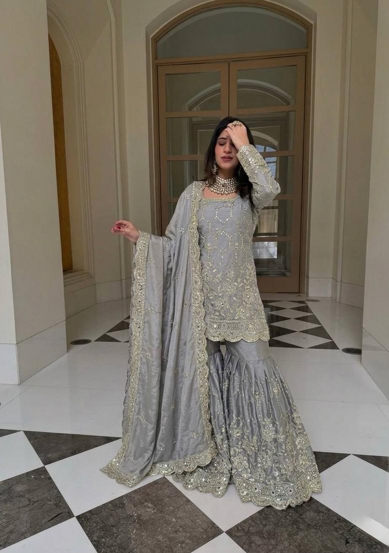 Grey Embroidery Silk Kurta Set - Indya