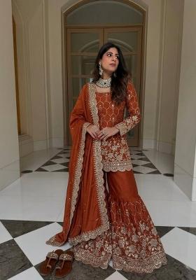 Orange Embroidery Silk Kurta Set