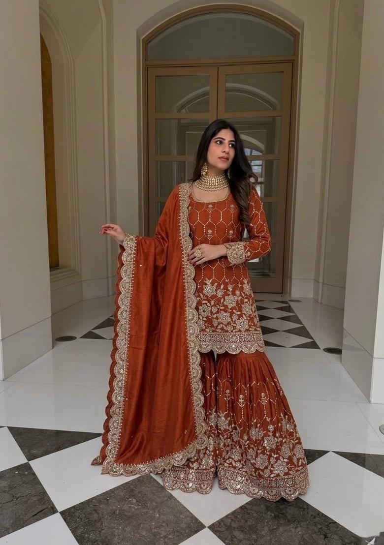 Orange Embroidery Silk Kurta Set - Indya