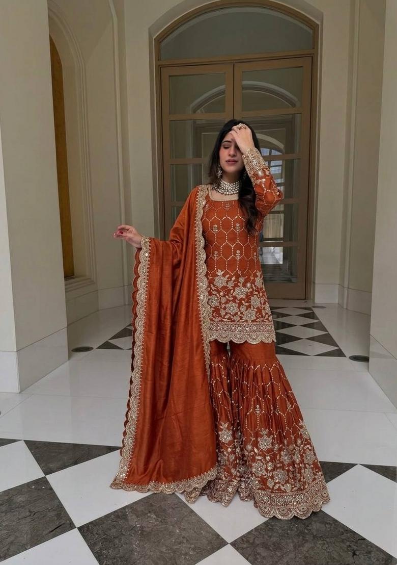 Orange Embroidery Silk Kurta Set - Indya