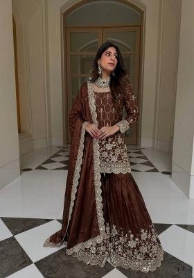 Rust Embroidery Silk Kurta Set