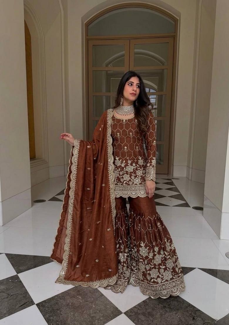 Rust Embroidery Silk Kurta Set - Indya