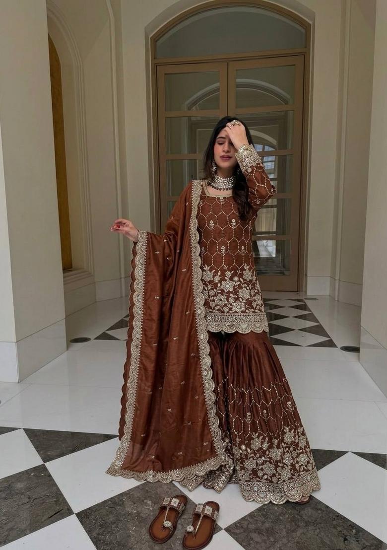 Rust Embroidery Silk Kurta Set - Indya