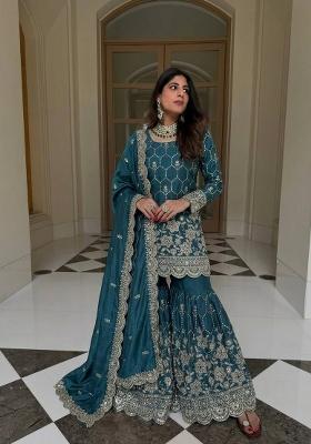Teal Embroidery Silk Kurta Set