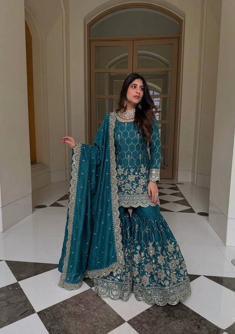 Teal Embroidery Silk Kurta Set - Indya