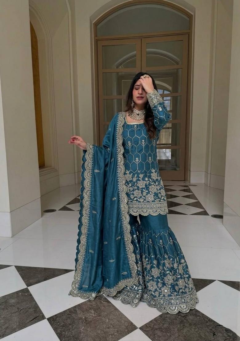 Teal Embroidery Silk Kurta Set - Indya