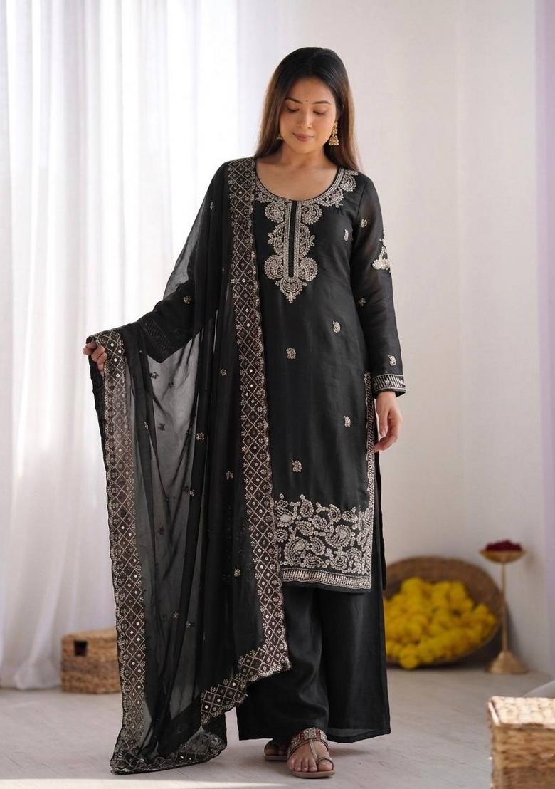 Black Embroidery Silk Kurta Set - Indya