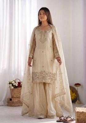 Cream Embroidery Silk Kurta Set