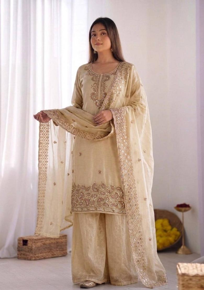 Cream Embroidery Silk Kurta Set - Indya