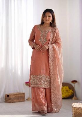 Peach Embroidery Silk Kurta Set