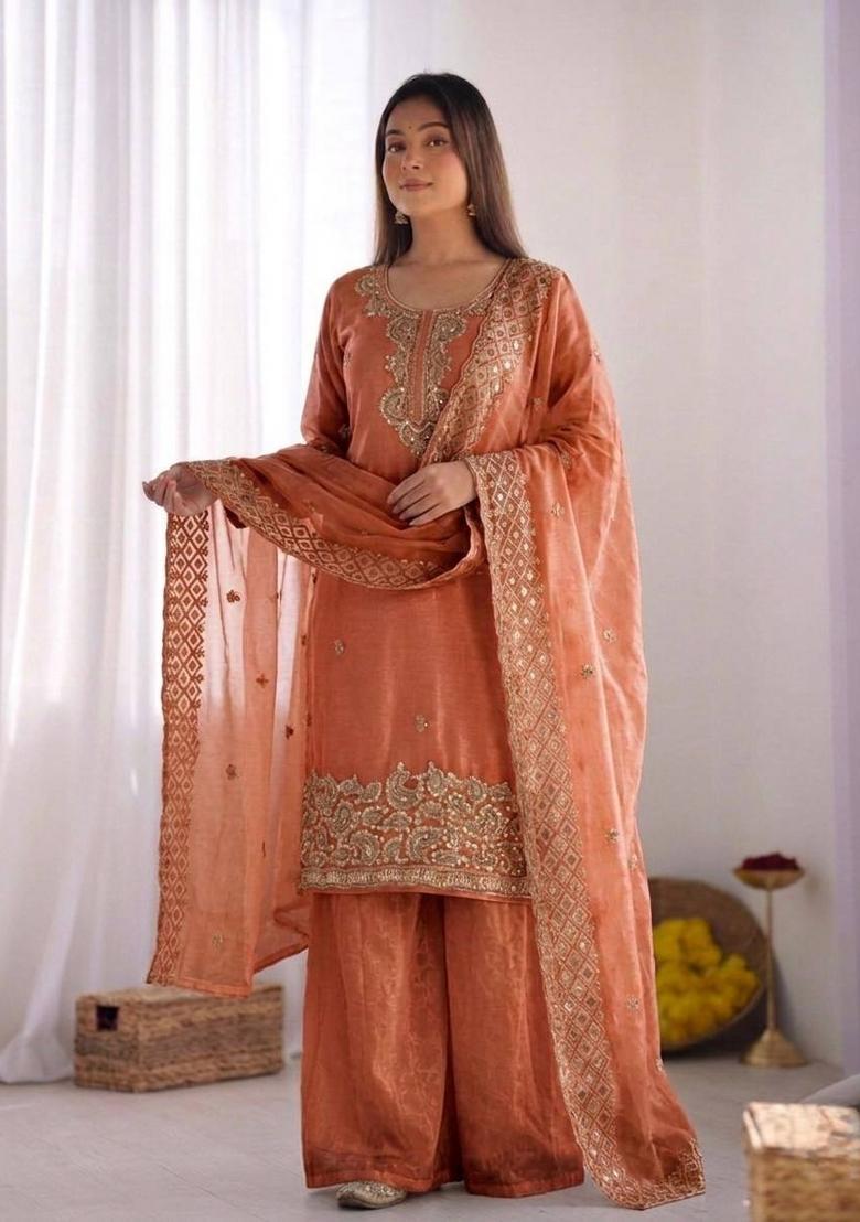Peach Embroidery Silk Kurta Set - Indya