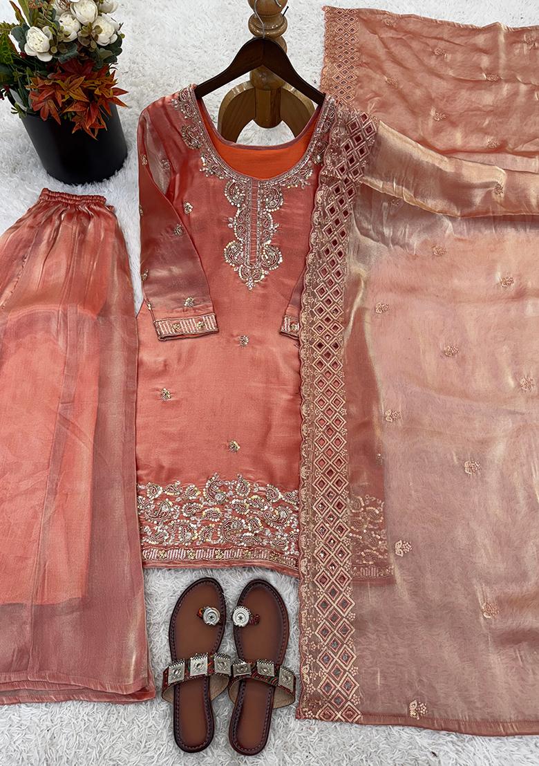 Peach Embroidery Silk Kurta Set - Indya