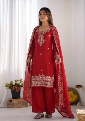 Red Embroidery Silk Kurta Set