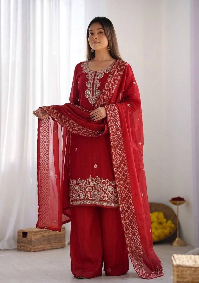 Red Embroidery Silk Kurta Set - Indya