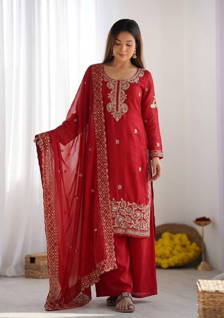 Red Embroidery Silk Kurta Set - Indya