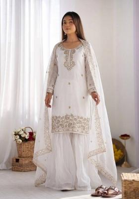 White Embroidery Silk Kurta Set