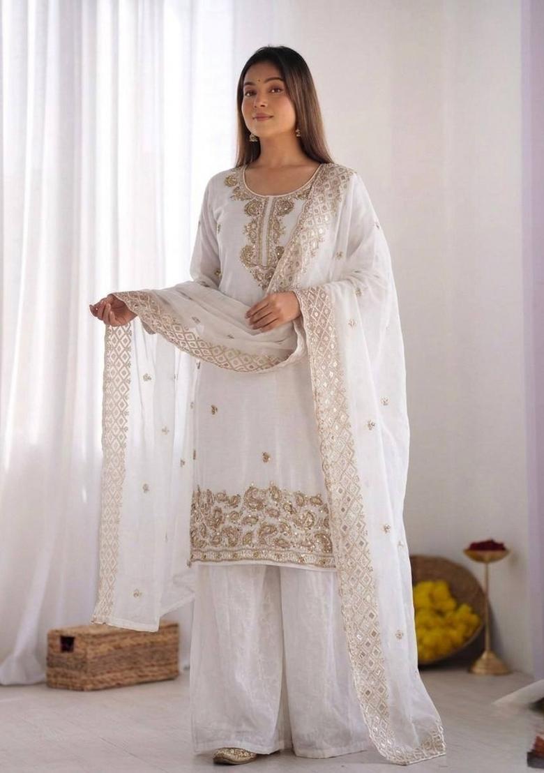 White Embroidery Silk Kurta Set - Indya