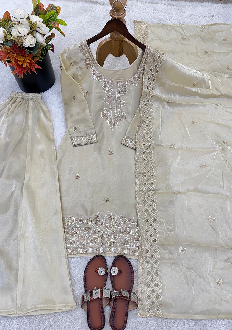 White Embroidery Silk Kurta Set - Indya