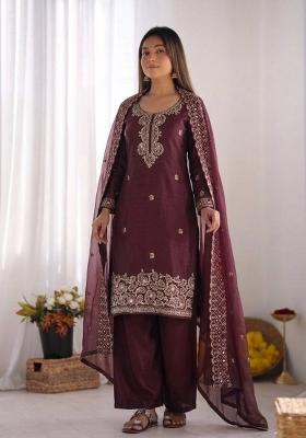 Wine Embroidery Silk Kurta Set