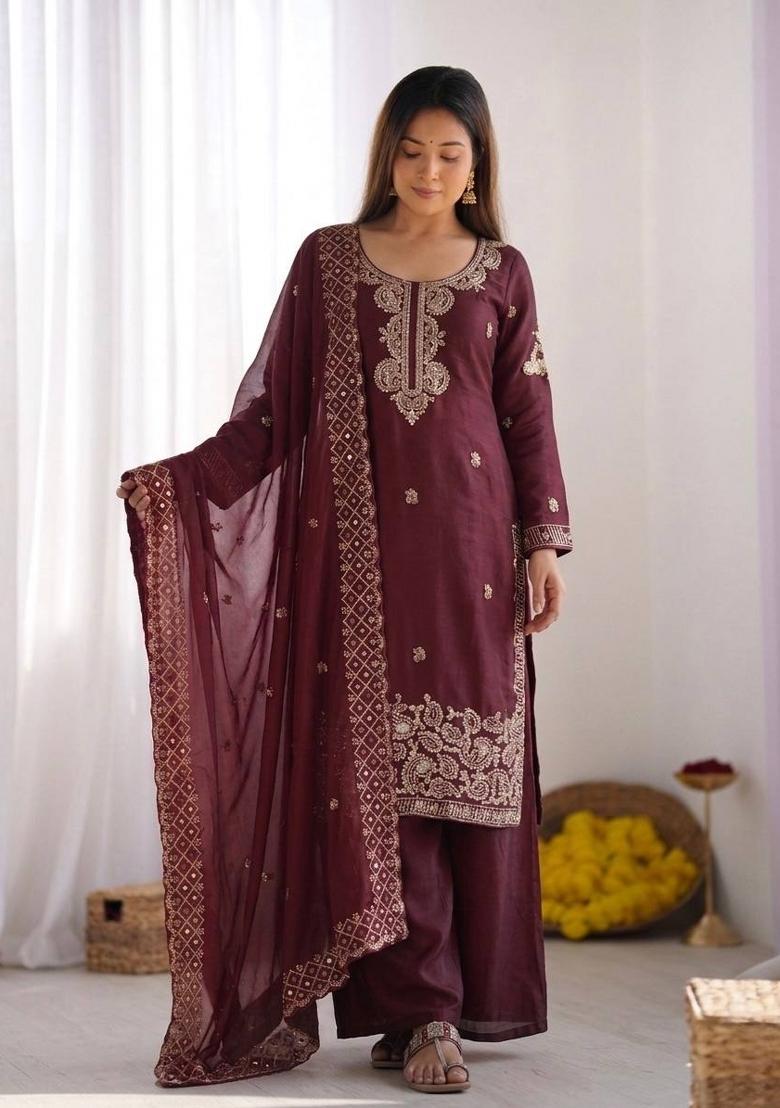 Wine Embroidery Silk Kurta Set - Indya