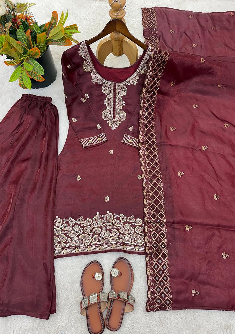 Wine Embroidery Silk Kurta Set - Indya