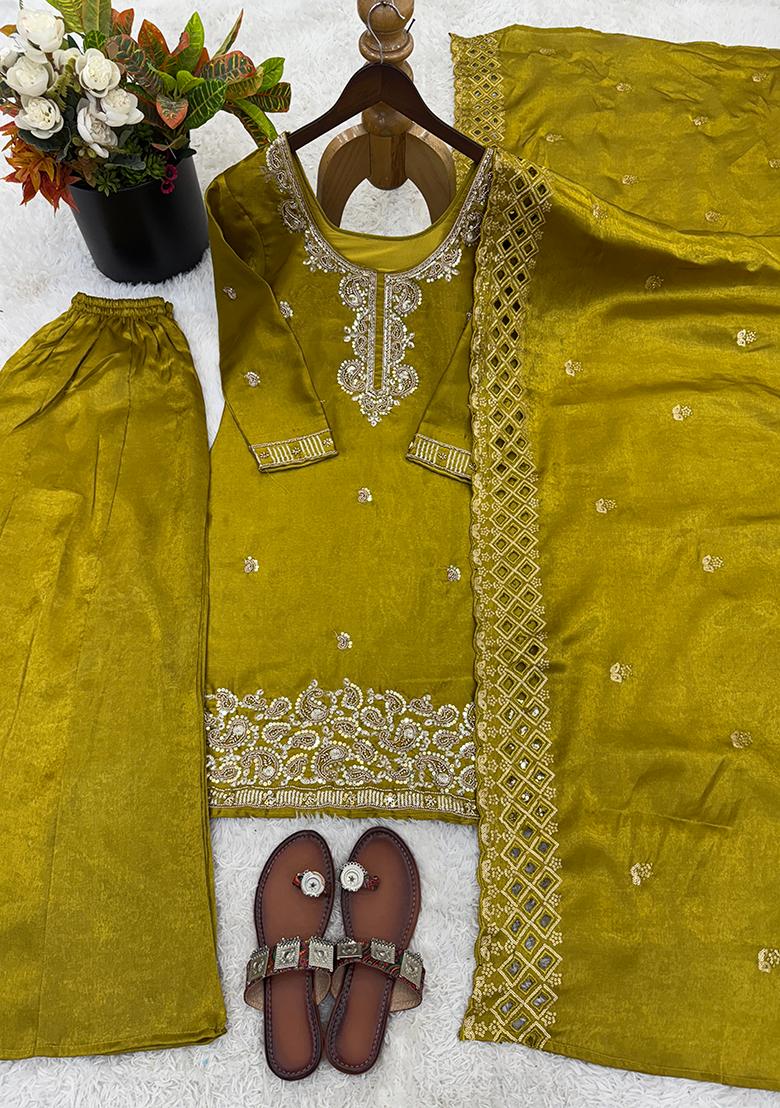 Green Embroidery Silk Kurta Set - Indya