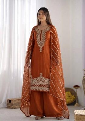 Orange Embroidery Silk Kurta Set