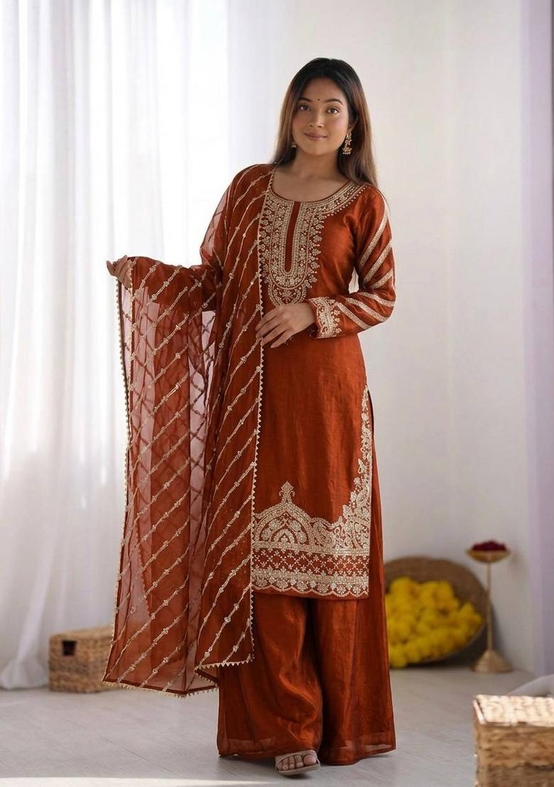 Orange Embroidery Silk Kurta Set - Indya