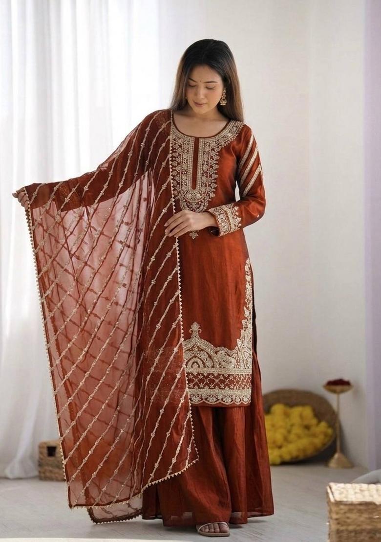 Orange Embroidery Silk Kurta Set - Indya