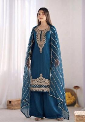 Teal Embroidery Silk Kurta Set