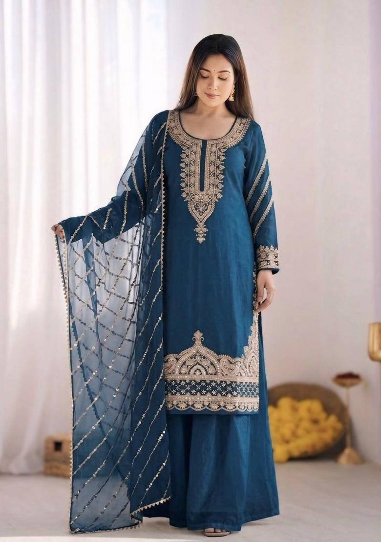 Teal Embroidery Silk Kurta Set - Indya