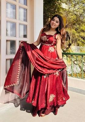 Maroon Embroidery Silk Kurta Set