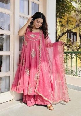 Pink Embroidery Silk Kurta Set