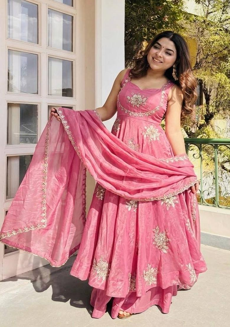 Pink Embroidery Silk Kurta Set - Indya