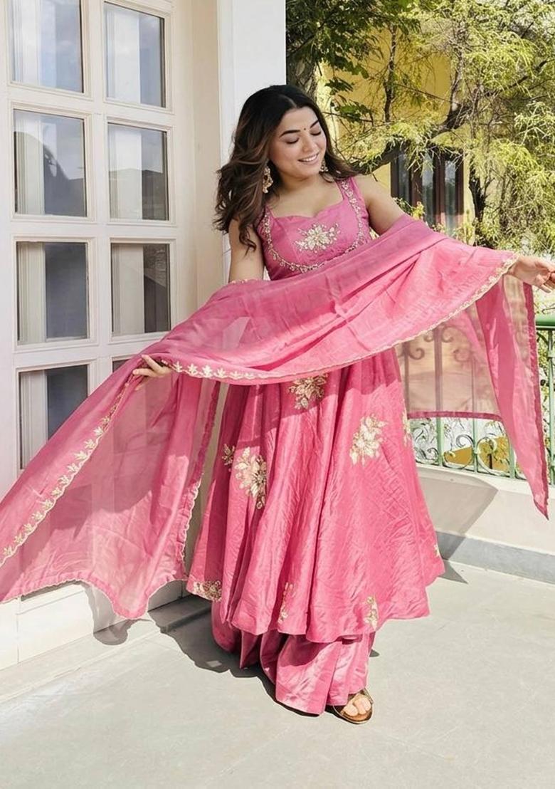 Pink Embroidery Silk Kurta Set - Indya