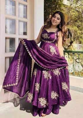 Purple Embroidery Silk Kurta Set