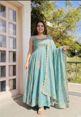 Sky Blue Embroidery Silk Kurta Set