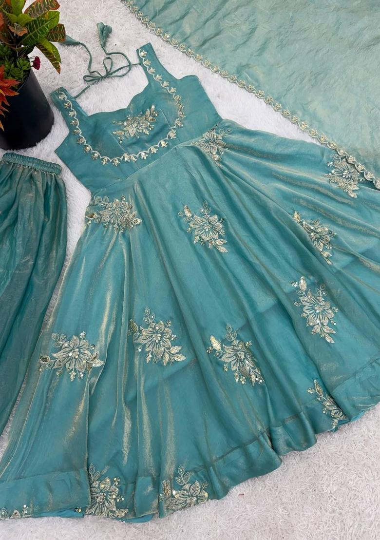 Sky Blue Embroidery Silk Kurta Set - Indya